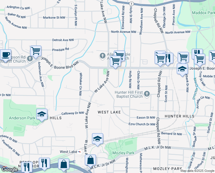 map of restaurants, bars, coffee shops, grocery stores, and more near 1649 Ezra Church Drive Northwest in Atlanta