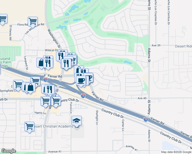 map of restaurants, bars, coffee shops, grocery stores, and more near 39450 Manorgate Road in Palm Desert