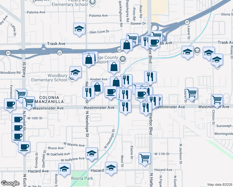 map of restaurants, bars, coffee shops, grocery stores, and more near 13841 A Better Way in Garden Grove