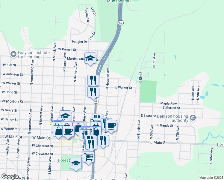 map of restaurants, bars, coffee shops, grocery stores, and more near 121 East Walker Street in Denison