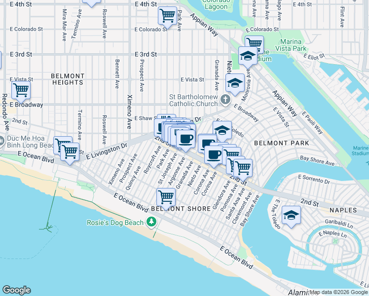 map of restaurants, bars, coffee shops, grocery stores, and more near 4818 2nd Street in Long Beach