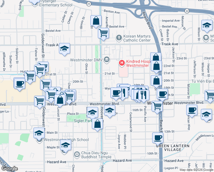 map of restaurants, bars, coffee shops, grocery stores, and more near 7541 Wyoming Street in Westminster