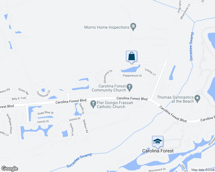 map of restaurants, bars, coffee shops, grocery stores, and more near 2058 Silvercrest Drive in Myrtle Beach