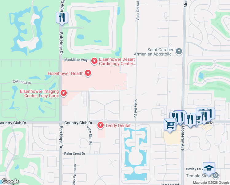map of restaurants, bars, coffee shops, grocery stores, and more near 72485 Roxbury Drive in Rancho Mirage