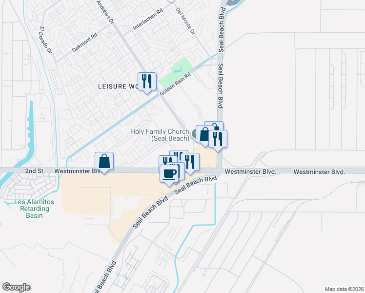 map of restaurants, bars, coffee shops, grocery stores, and more near 13881 Thunderbird Drive in Seal Beach