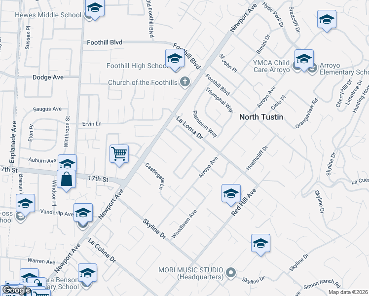 map of restaurants, bars, coffee shops, grocery stores, and more near 1132 Huntridge Road in Santa Ana