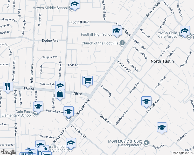 map of restaurants, bars, coffee shops, grocery stores, and more near 19041 Chadbourne Lane in Santa Ana