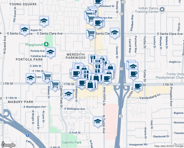 map of restaurants, bars, coffee shops, grocery stores, and more near 2125 East 20th Street in Santa Ana
