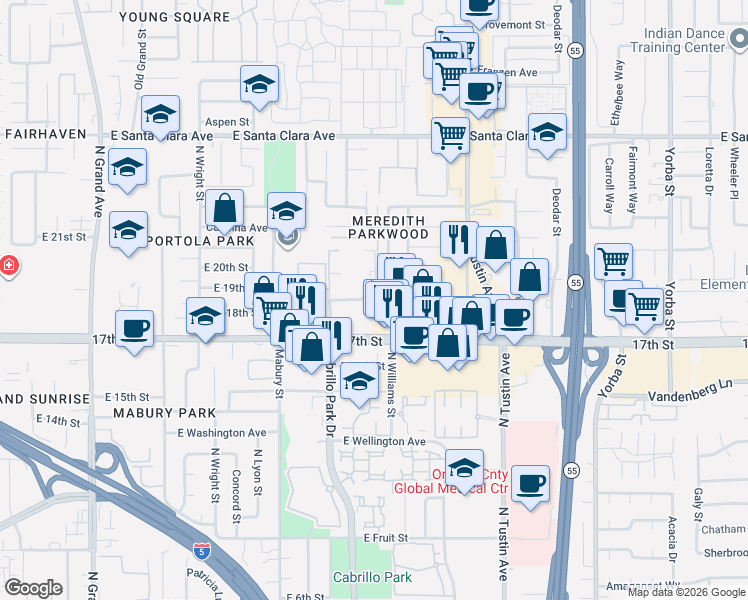 map of restaurants, bars, coffee shops, grocery stores, and more near 1907 Millwood Street in Santa Ana