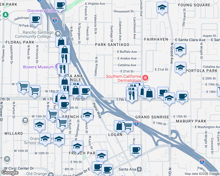 map of restaurants, bars, coffee shops, grocery stores, and more near 1909 Poinsettia Street North in Santa Ana