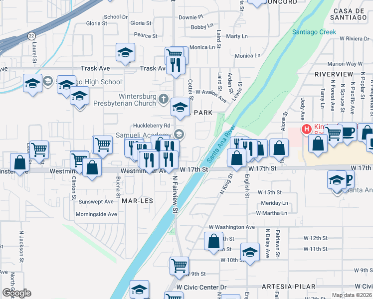 map of restaurants, bars, coffee shops, grocery stores, and more near 2314 Blueberry Lane in Santa Ana