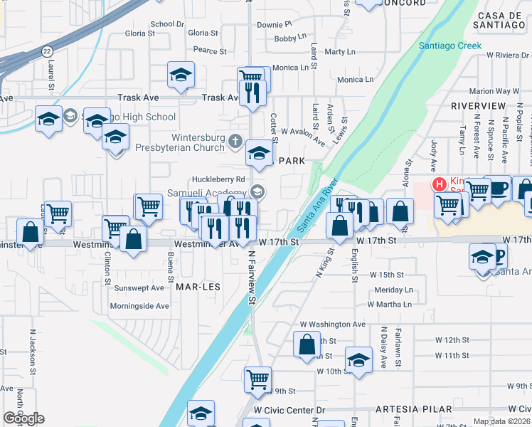 map of restaurants, bars, coffee shops, grocery stores, and more near 2314 Blueberry Lane in Santa Ana