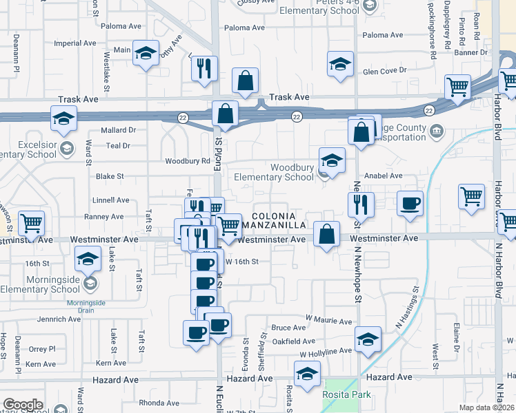 map of restaurants, bars, coffee shops, grocery stores, and more near 11182 Cynthia Avenue in Garden Grove