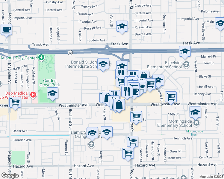 map of restaurants, bars, coffee shops, grocery stores, and more near 13884 La Jolla Plaza in Garden Grove