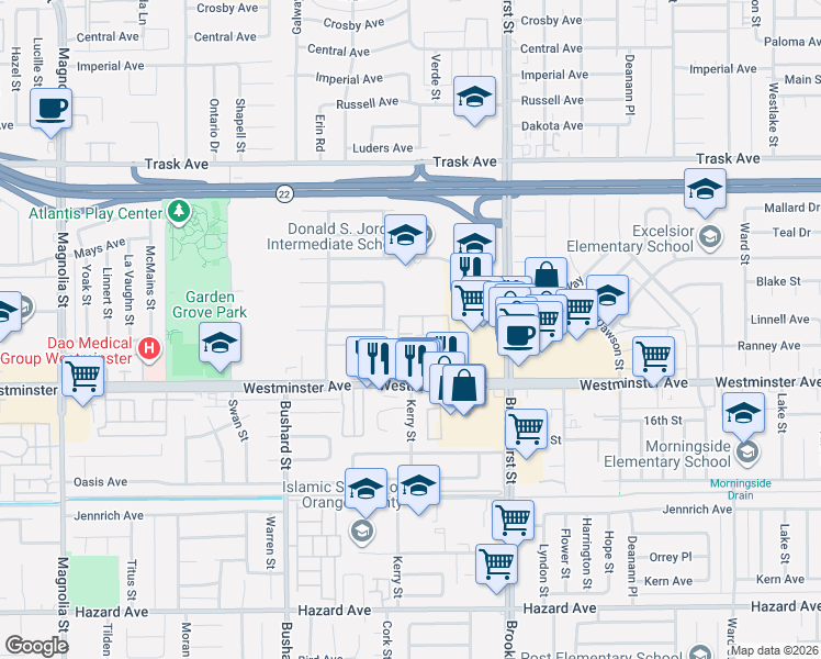map of restaurants, bars, coffee shops, grocery stores, and more near 13916 La Jolla Plaza in Garden Grove