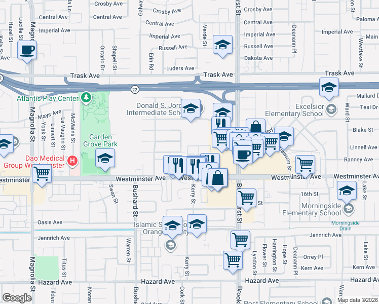 map of restaurants, bars, coffee shops, grocery stores, and more near 13916 La Jolla Plaza in Garden Grove