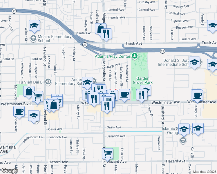 map of restaurants, bars, coffee shops, grocery stores, and more near 13812 Magnolia Street in Garden Grove