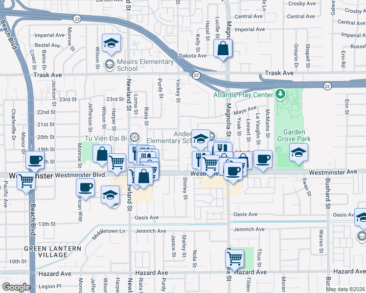 map of restaurants, bars, coffee shops, grocery stores, and more near 13802 Yockey Street in Garden Grove