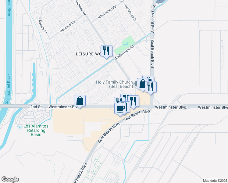 map of restaurants, bars, coffee shops, grocery stores, and more near 1621 Monterey Road in Seal Beach