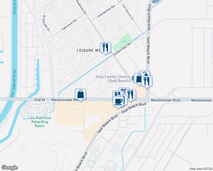 map of restaurants, bars, coffee shops, grocery stores, and more near 1562 Merion Way in Seal Beach