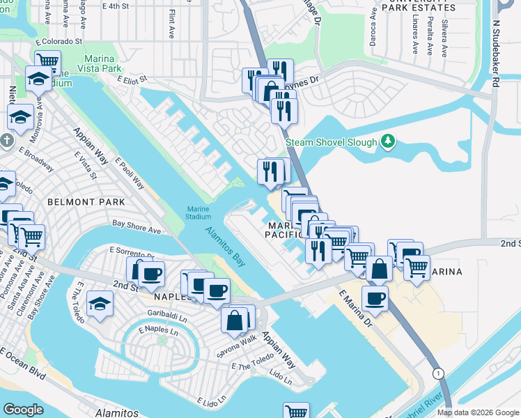 map of restaurants, bars, coffee shops, grocery stores, and more near 6270 East Pacific Coast Highway in Long Beach