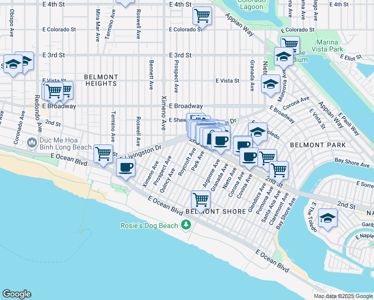 map of restaurants, bars, coffee shops, grocery stores, and more near 201 Quincy Avenue in Long Beach