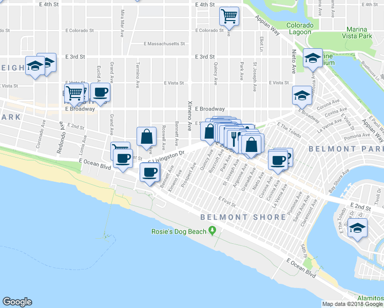 map of restaurants, bars, coffee shops, grocery stores, and more near in Long Beach