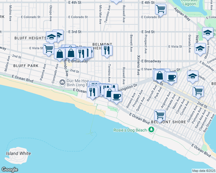 map of restaurants, bars, coffee shops, grocery stores, and more near 123 Termino Avenue in Long Beach