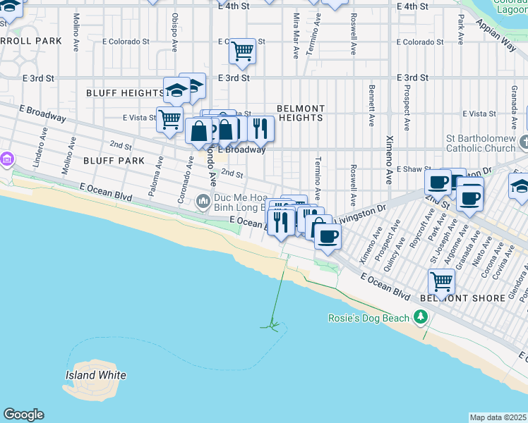 map of restaurants, bars, coffee shops, grocery stores, and more near 3665 East 1st Street in Long Beach