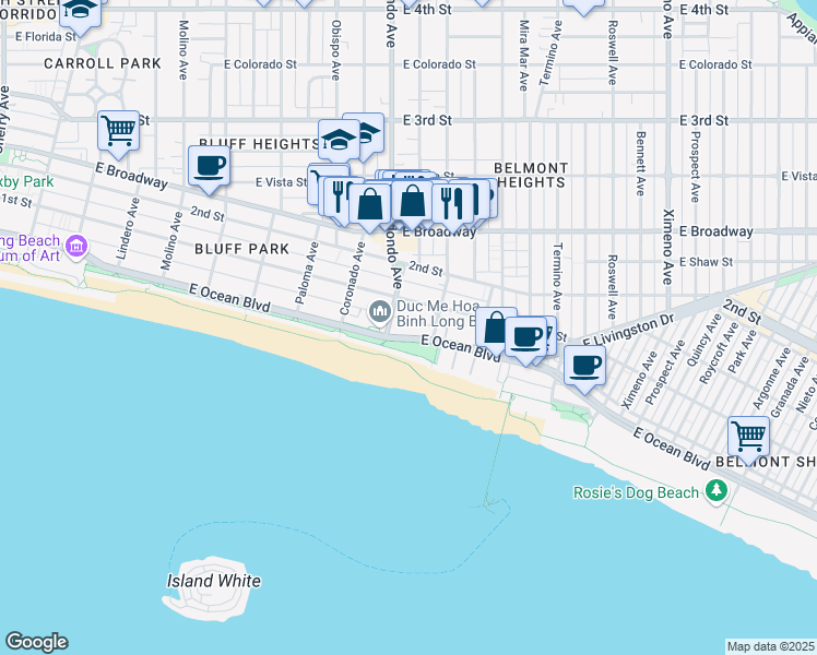 map of restaurants, bars, coffee shops, grocery stores, and more near 3400 East 1st Street in Long Beach