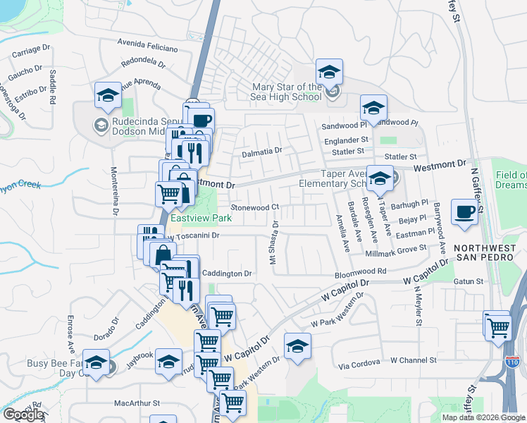 map of restaurants, bars, coffee shops, grocery stores, and more near 1400 Stonewood Court in Los Angeles
