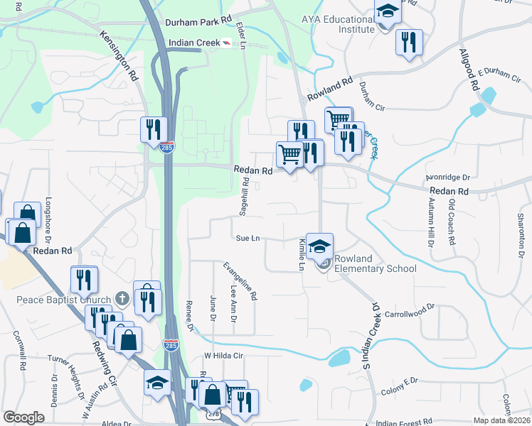 map of restaurants, bars, coffee shops, grocery stores, and more near 1076 Crossings Court in Stone Mountain