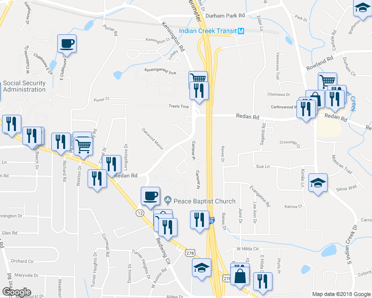 map of restaurants, bars, coffee shops, grocery stores, and more near 3831 Redan Road in Decatur