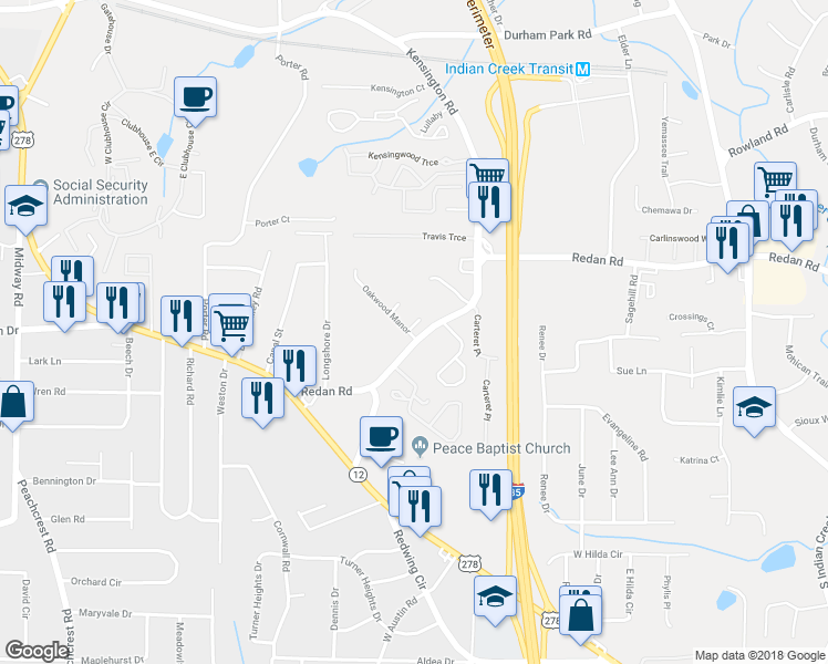 map of restaurants, bars, coffee shops, grocery stores, and more near 1116 Oakwood Manor Court in Decatur