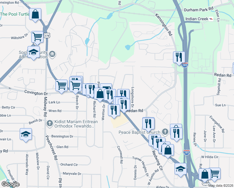map of restaurants, bars, coffee shops, grocery stores, and more near 1111 Canal Street in Decatur