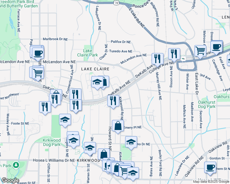 map of restaurants, bars, coffee shops, grocery stores, and more near 267 Oxford Place Northeast in Atlanta