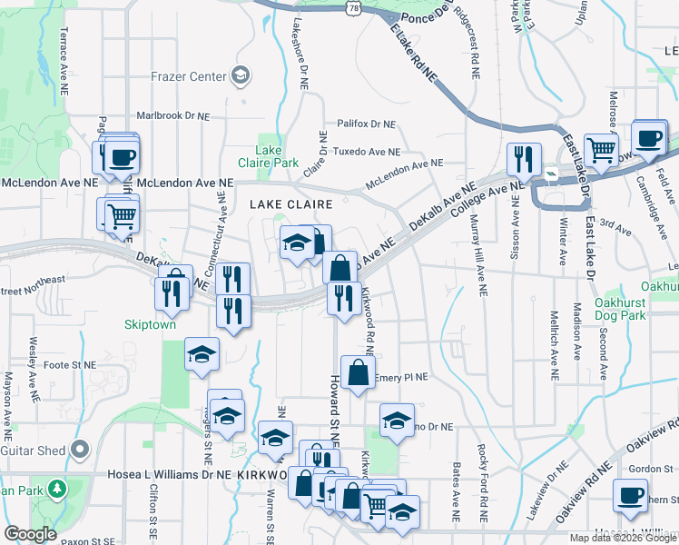 map of restaurants, bars, coffee shops, grocery stores, and more near 267 Oxford Place Northeast in Atlanta