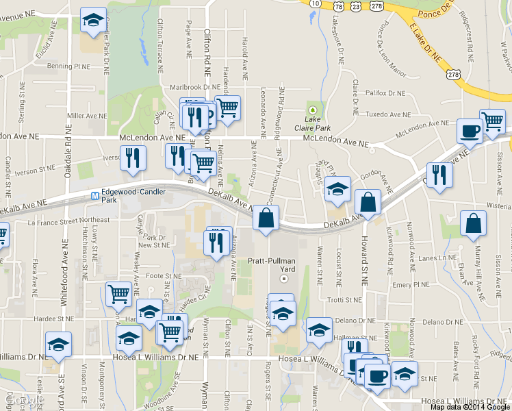 map of restaurants, bars, coffee shops, grocery stores, and more near 271 Arizona Avenue Northeast in Atlanta