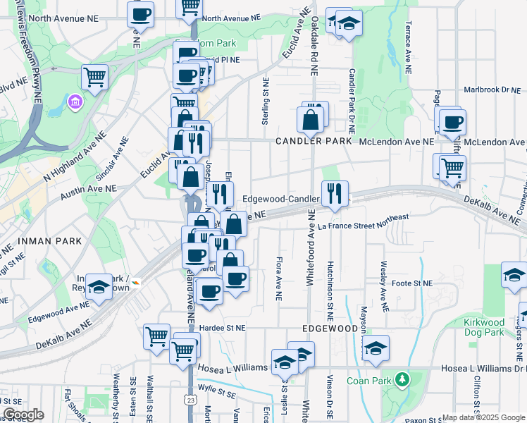 map of restaurants, bars, coffee shops, grocery stores, and more near 1300 DeKalb Avenue Northeast in Atlanta