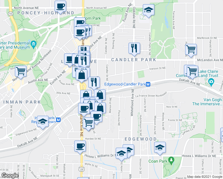 map of restaurants, bars, coffee shops, grocery stores, and more near 1300 DeKalb Avenue Northeast in Atlanta