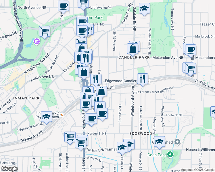 map of restaurants, bars, coffee shops, grocery stores, and more near 1300 DeKalb Avenue Northeast in Atlanta