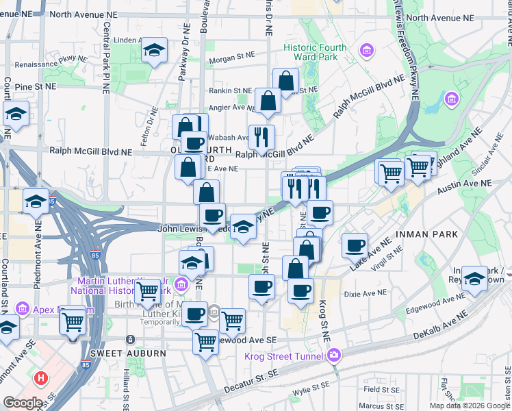 map of restaurants, bars, coffee shops, grocery stores, and more near 283 Prospect Place Northeast in Atlanta