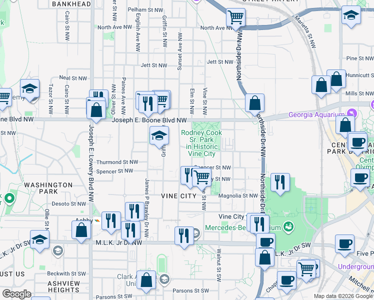 map of restaurants, bars, coffee shops, grocery stores, and more near 265 Sunset Avenue Northwest in Atlanta