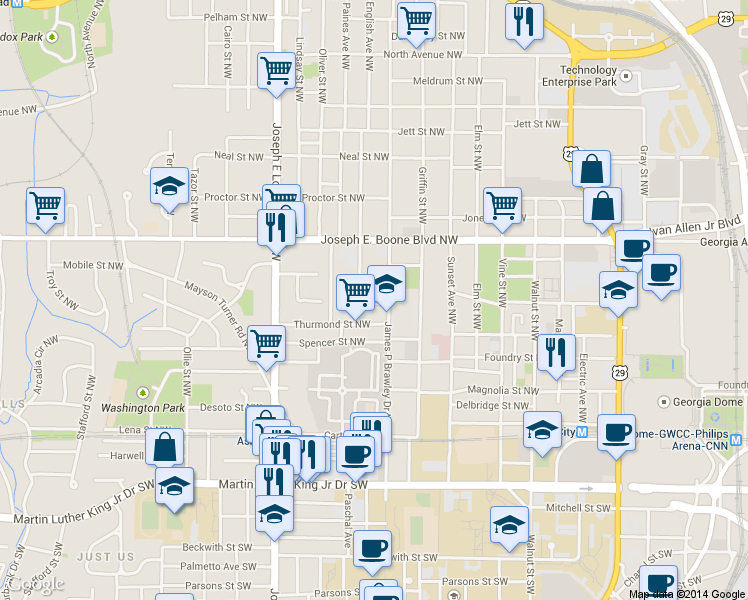map of restaurants, bars, coffee shops, grocery stores, and more near 264 Andrew J Hairston Boulevard Northwest in Atlanta