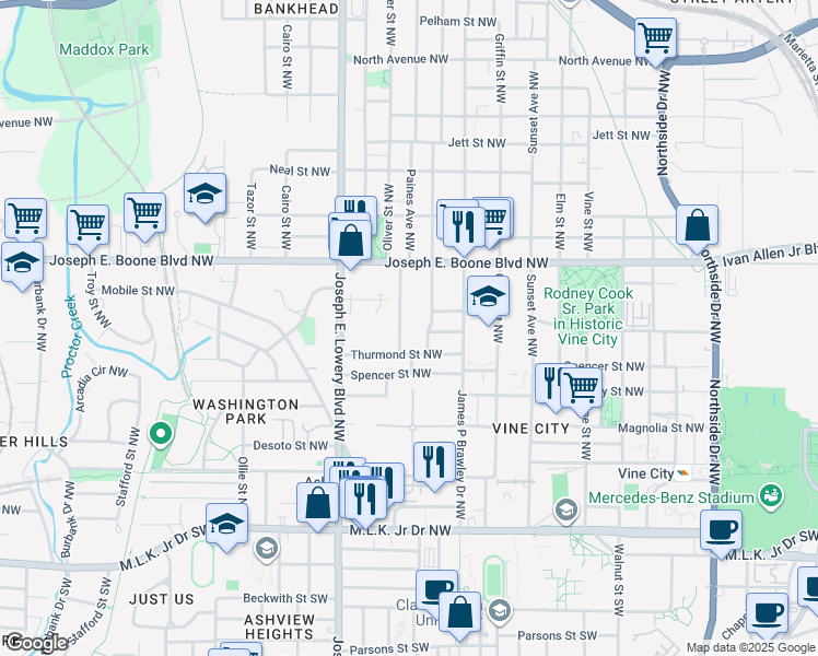 map of restaurants, bars, coffee shops, grocery stores, and more near 270 Sciple Terrace Northwest in Atlanta