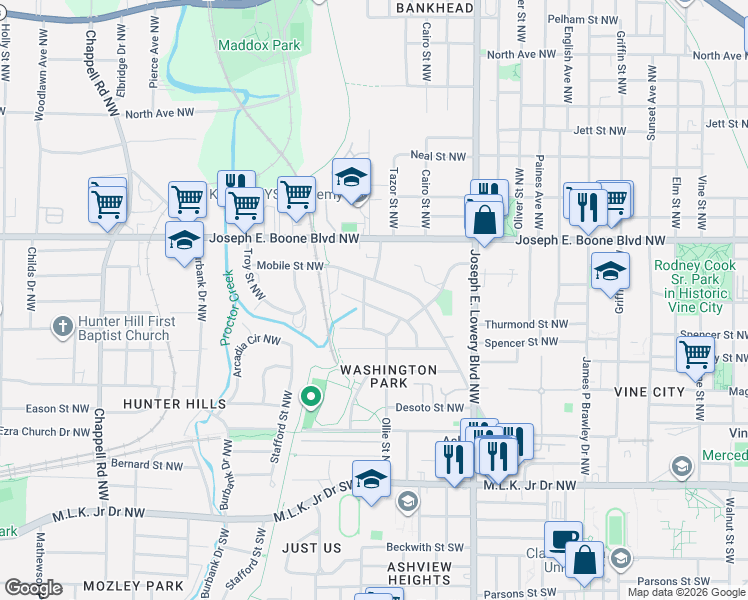 map of restaurants, bars, coffee shops, grocery stores, and more near 1070 Mayson Turner Road Northwest in Atlanta