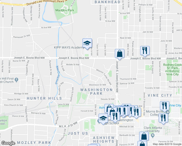 map of restaurants, bars, coffee shops, grocery stores, and more near 1070 Mayson Turner Road Northwest in Atlanta