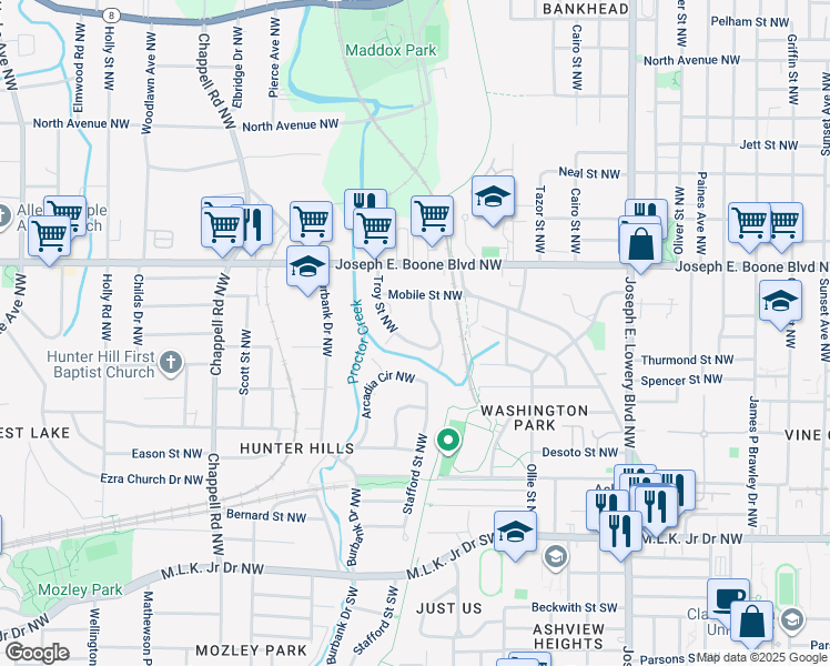 map of restaurants, bars, coffee shops, grocery stores, and more near 241 Troy Street Northwest in Atlanta