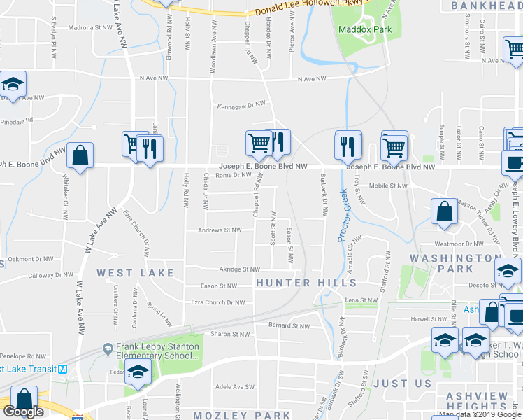map of restaurants, bars, coffee shops, grocery stores, and more near 250 Chappell Road Northwest in Atlanta
