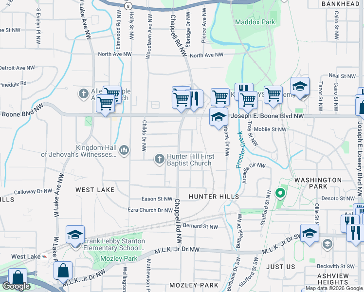 map of restaurants, bars, coffee shops, grocery stores, and more near 250 Chappell Road Northwest in Atlanta